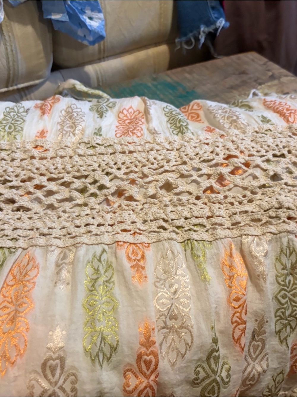 Boho Crochet-Waist Maxi Dress in White with Peach & Sage Print - Picture 7 of 7